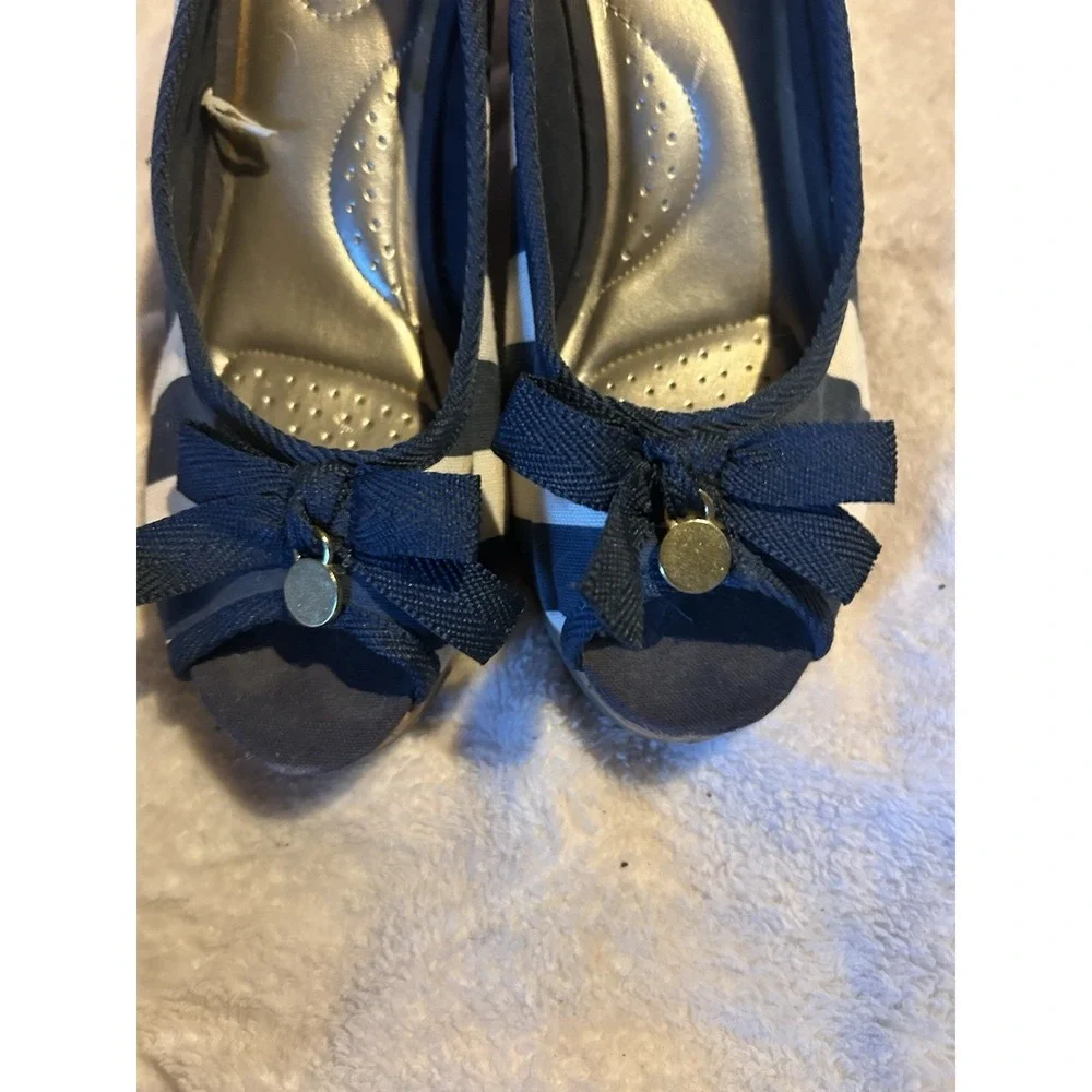 Dexflex Comfort Navy White Striped Cork Wedge Peep Toe Bow Shoes Women's Size 9‎